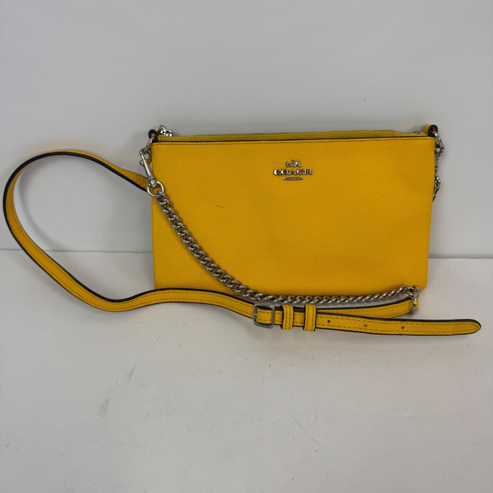 Coach Yellow Crossgrain Leather Crossbody Bag Silver Chain Detail Clutch